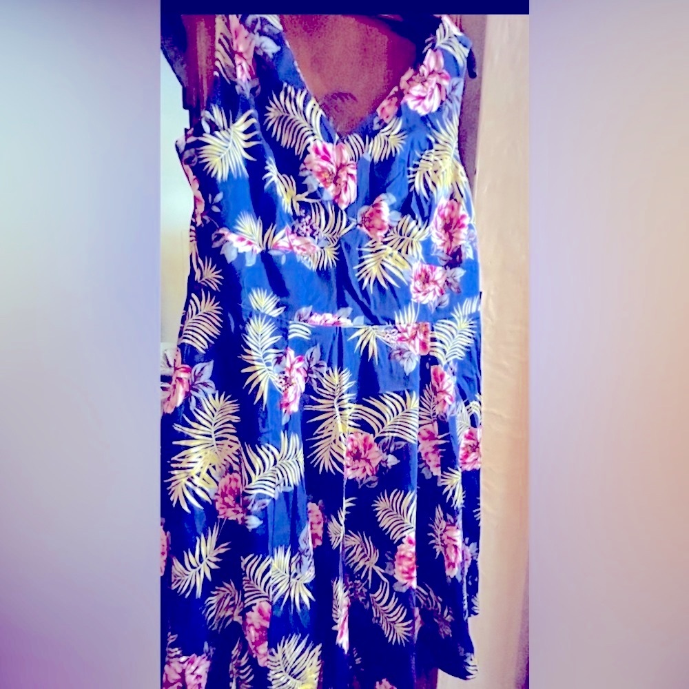 IXIA NWT Sundress 2X Cobalt Blue, Fuschia flowers pockets 97% Cotton